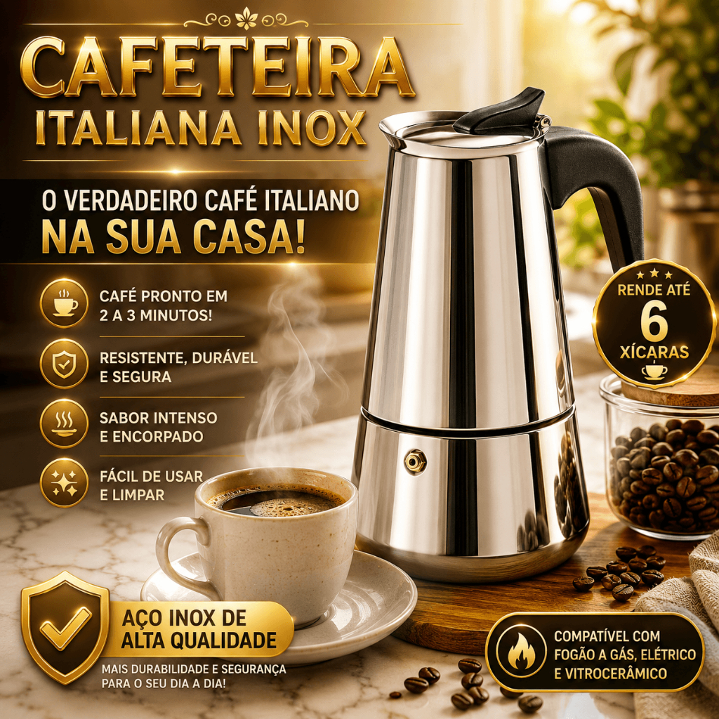 Cafeteira Italiana Inox 6 Xícaras Moka Café Expresso Fogão/Indução Aço Inoxidável Café Cremoso Resistente Premium