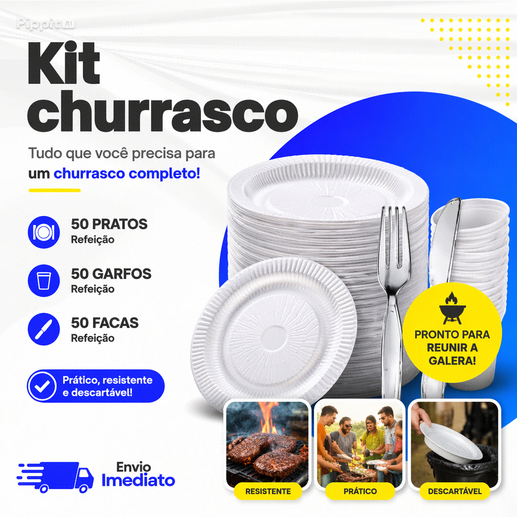 Kit Descartáveis para Churrasco 50 Prato 21cm 50 Garfo e 50 Faca Refeição 150 UND