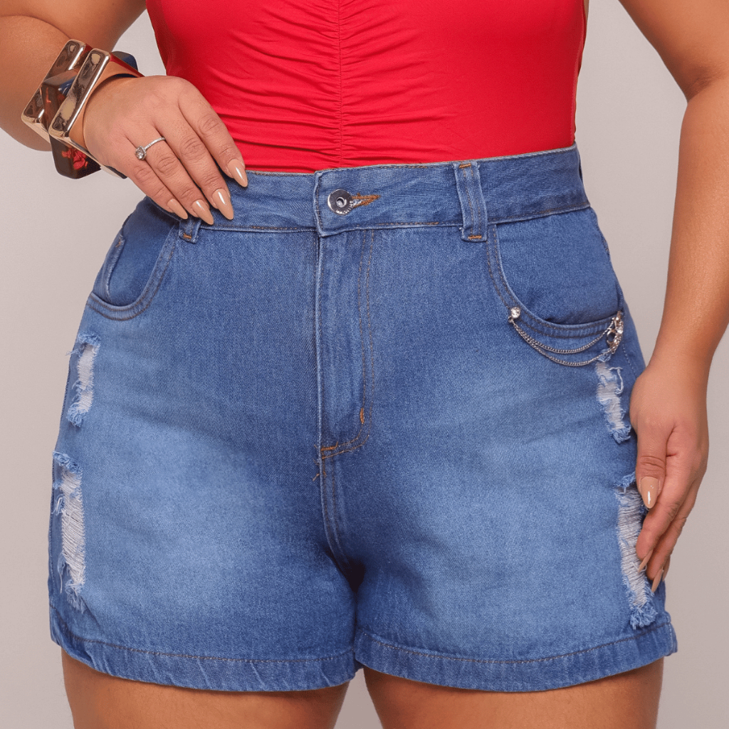 Short Jeans Plus Size Feminino Cintura Alta Destroyed