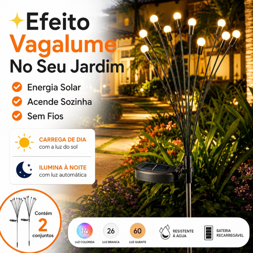 Luminária Solar Vagalume Jardim LED Luz Quente Energia Solar Decoração Externa 2 Unidades