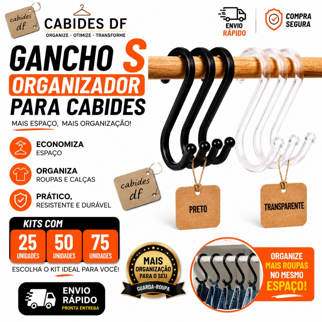 Gancho S Cabide E Arara Multiuso Preto / Acrílico Kit 25, 50, 75 Unidades Organizador De Roupa