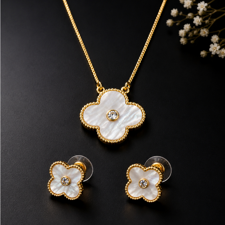 Kit Colar + Brincos Trevo Elegante Feminino Zircônia Dourado