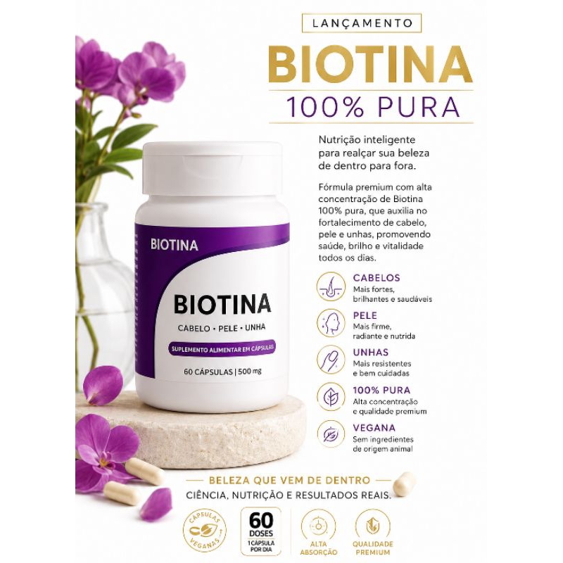 Biotina 500mg 60 Cápsulas Suplemento Vitamínico Para Cabelo Pele e Unhas Envio Rápido