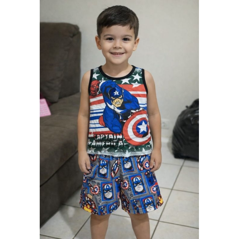 🦸🇺🇸💙 Conjunto Regata Capitão América Conjunto Infantil Capitão América Regata e Bermuda Menino