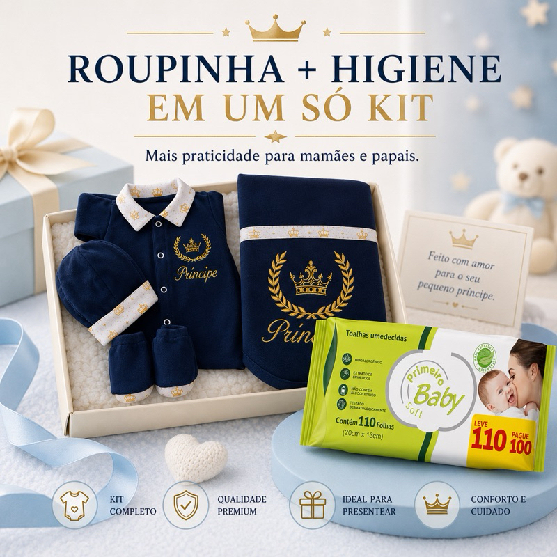 Kit Presente Recém-Nascido Menino Saída Príncipe + Lenço Umedecido 110 Folhas
