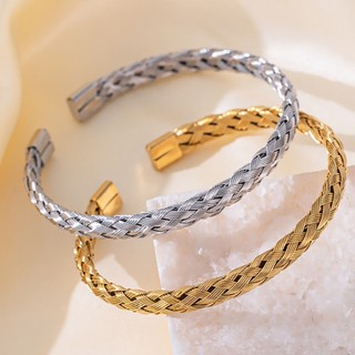 Pulseira Unissex em Aço Inoxidável Ajustável Trançada Bracelete Aberto Dourado e Prata