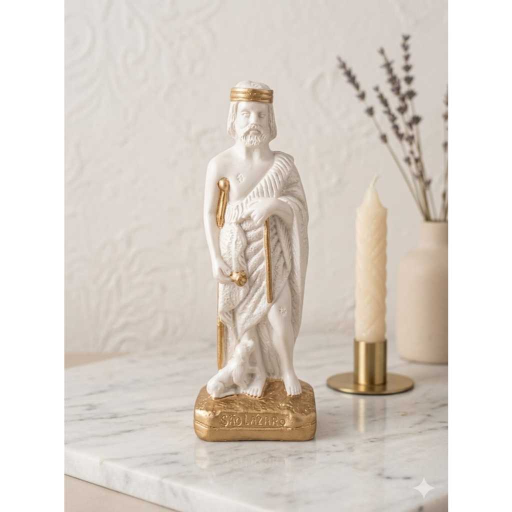 imagem são lazaro 20 cm gesso perola e dourado protetor dos enfermos arte sacra decoraçaõ religiosa cura presente de fé