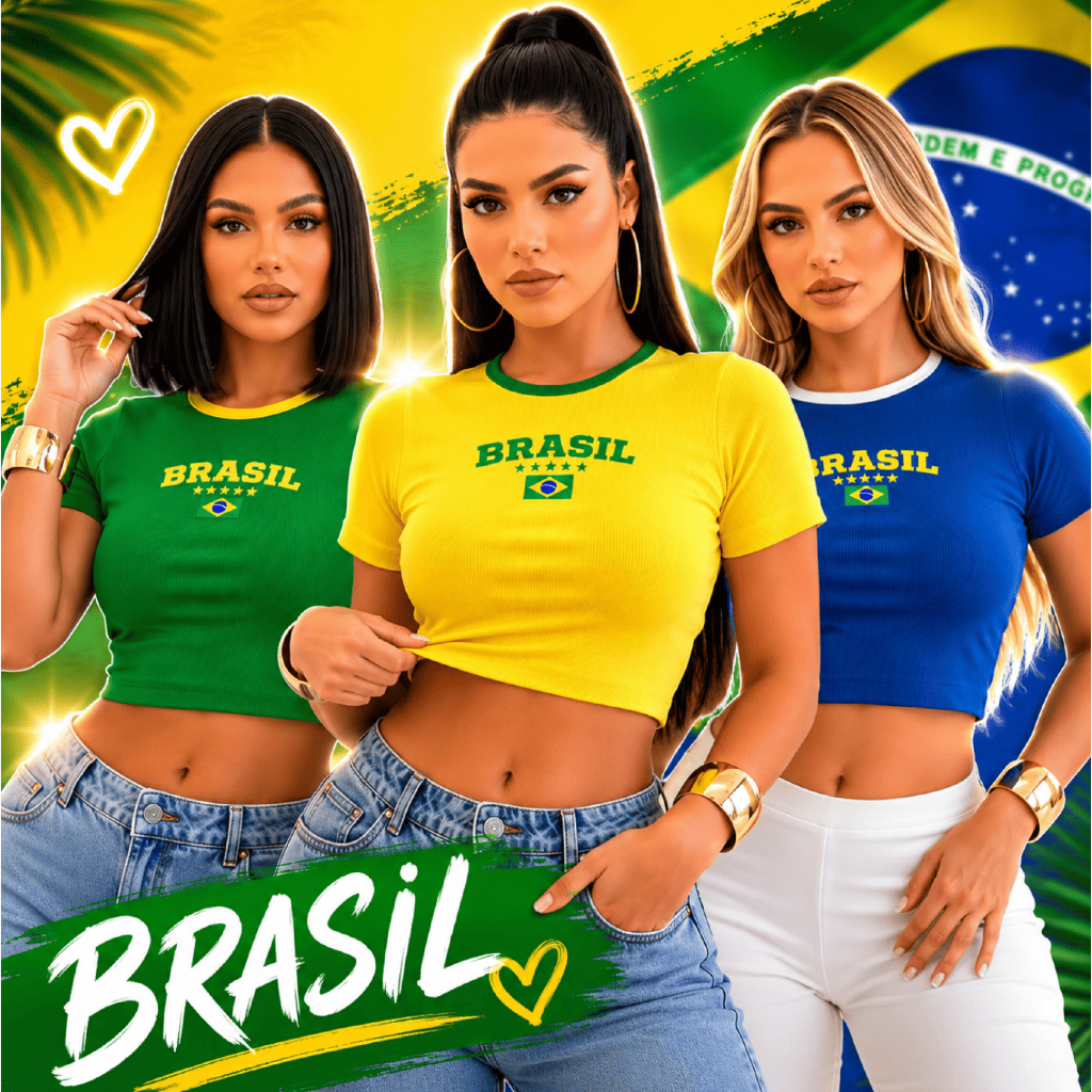 Cropped Brasil Manga Curta Canelada Bordada Cropped Virginia Feminino Copa Torcida Verde Amarelo - Copa 2026