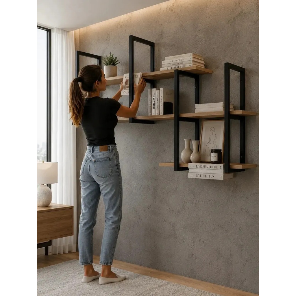 Detalhes do Prateleira Para Escritório Sala Cozinha Industrial Suspensa Moderna e Versátil Com Ferro e Madeira