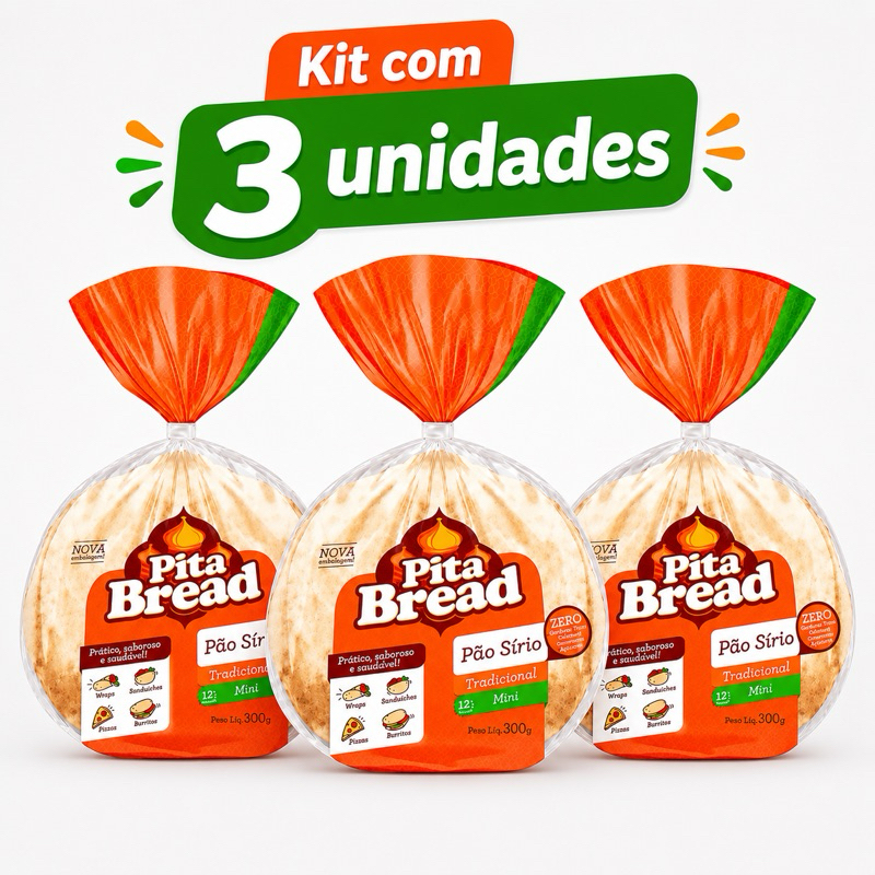 Kit 3 unid. Pão Sírio Mini Tradicional Pita Bread Pacote 300g