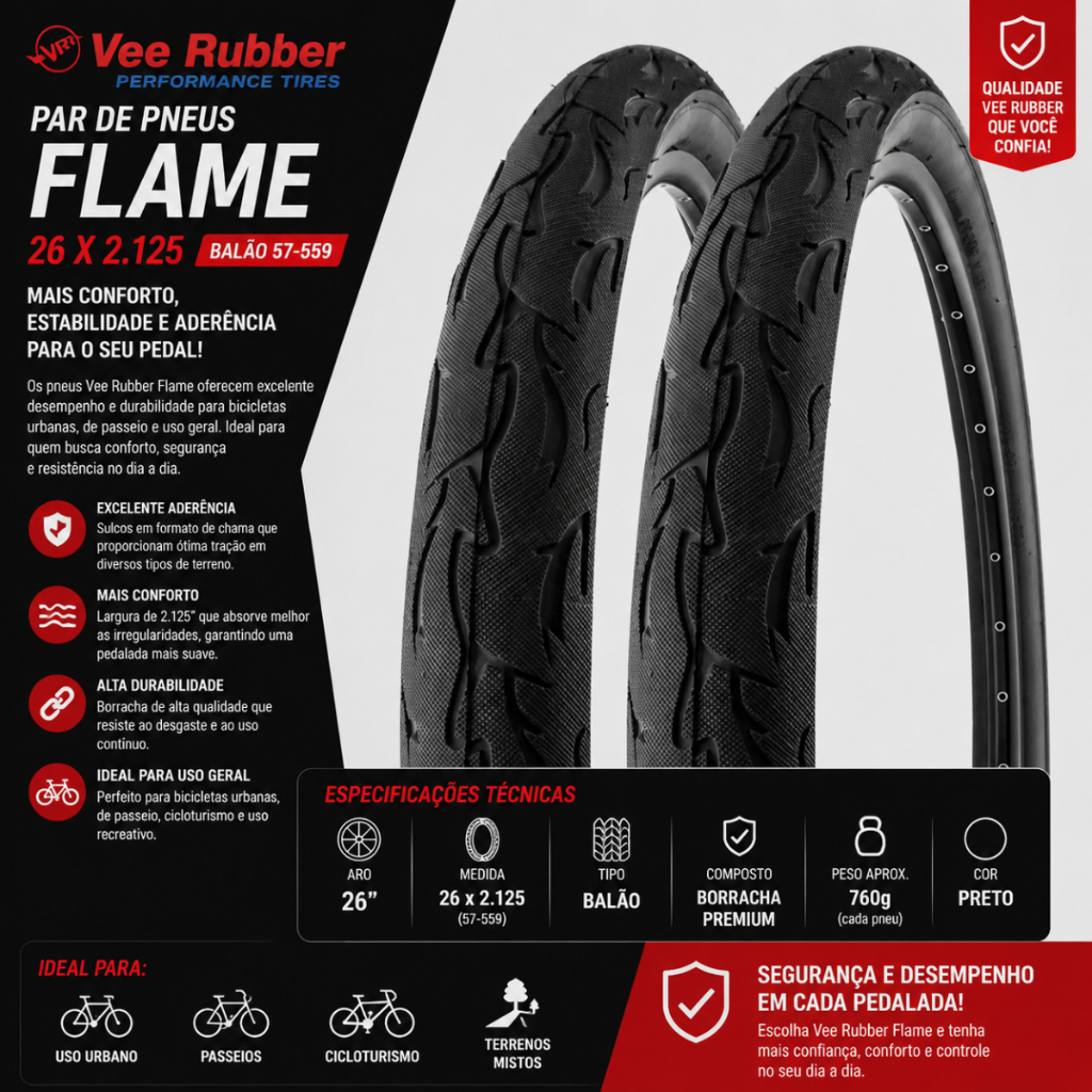 PAR PNEUS VEE RUBBER FLAME 26X2.125 BALÃO 57-559 PRETO