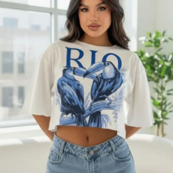 Blusa Cropped Oversized Feminino Estampas Diversas Brasil 100% Algodão Camiseta Confortável Para Academia Ginástica