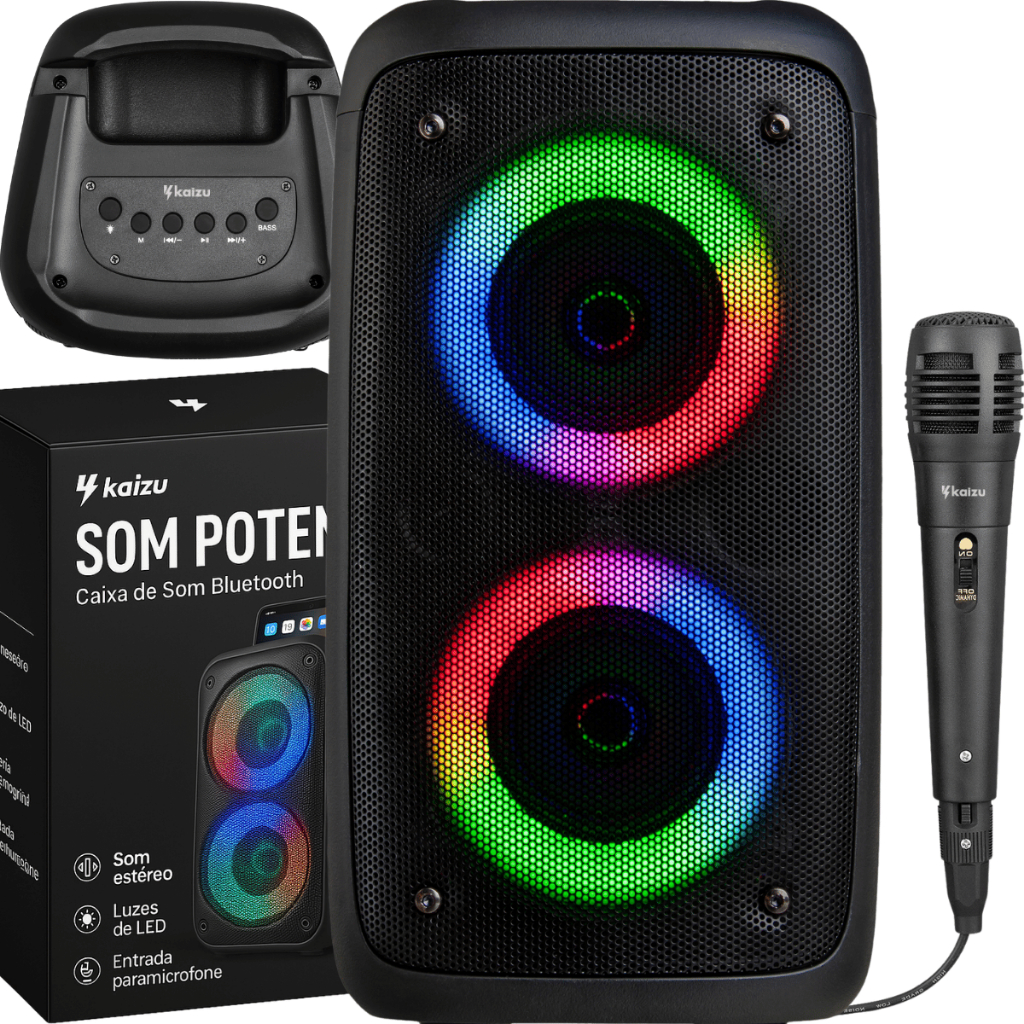 Caixa De Som Bluetooth Speaker Portátil Karaokê Party Box Com Microfone Potente Usb Recarregável Amplificada Rgb Kaizu