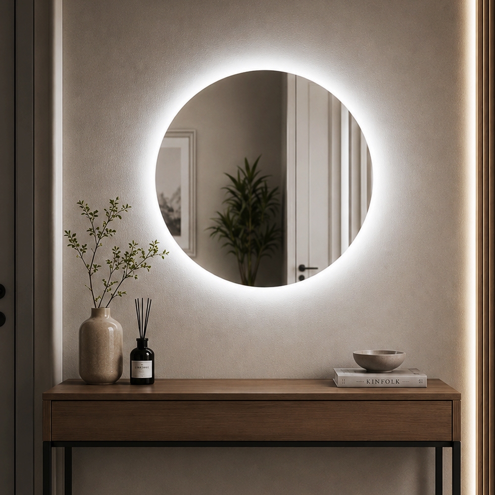 Espelho com LED Retroiluminado Redondo Lapidado Para Maquiagem 60cm Com Kit de instalação Sem Fio