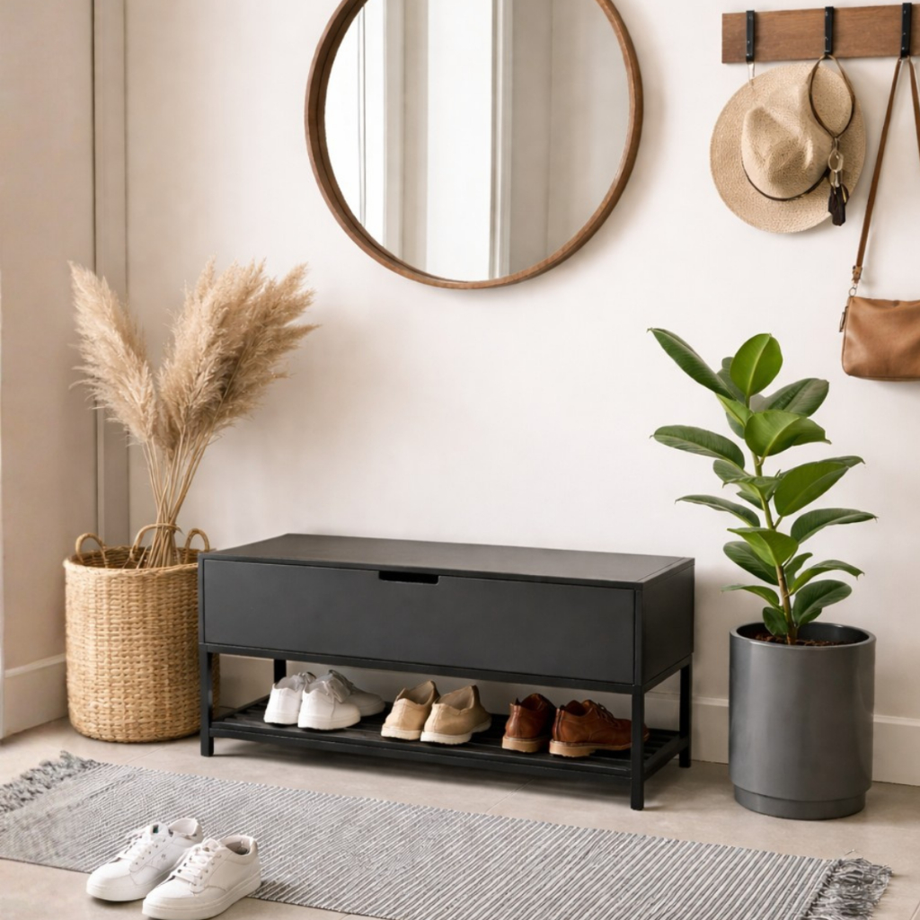 Banco sapateira balcão com porta rack recamier aparador com porta 100cm preto estilo industrial