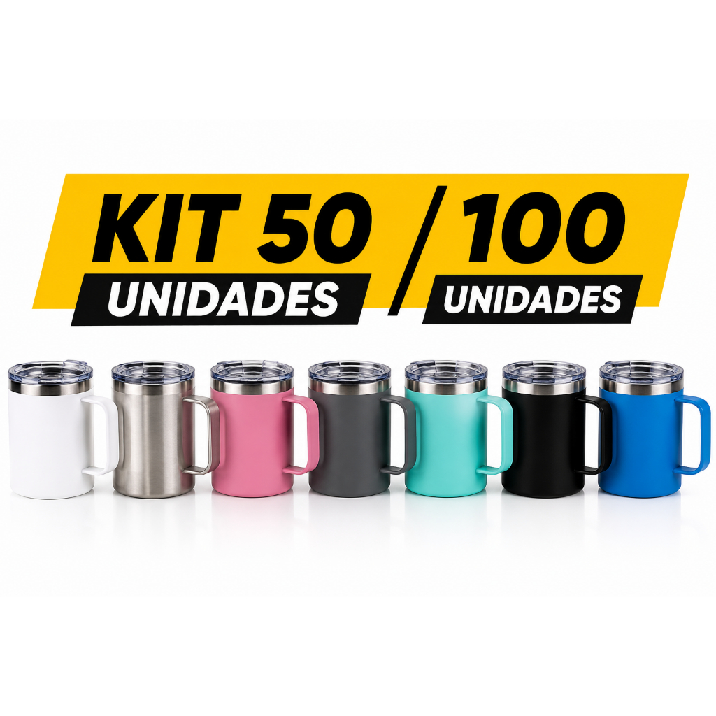 Kit 50/100 unidades Copo Térmico com Alça e Tampa Abre Fácil Caneca 350ml para personalização eventos