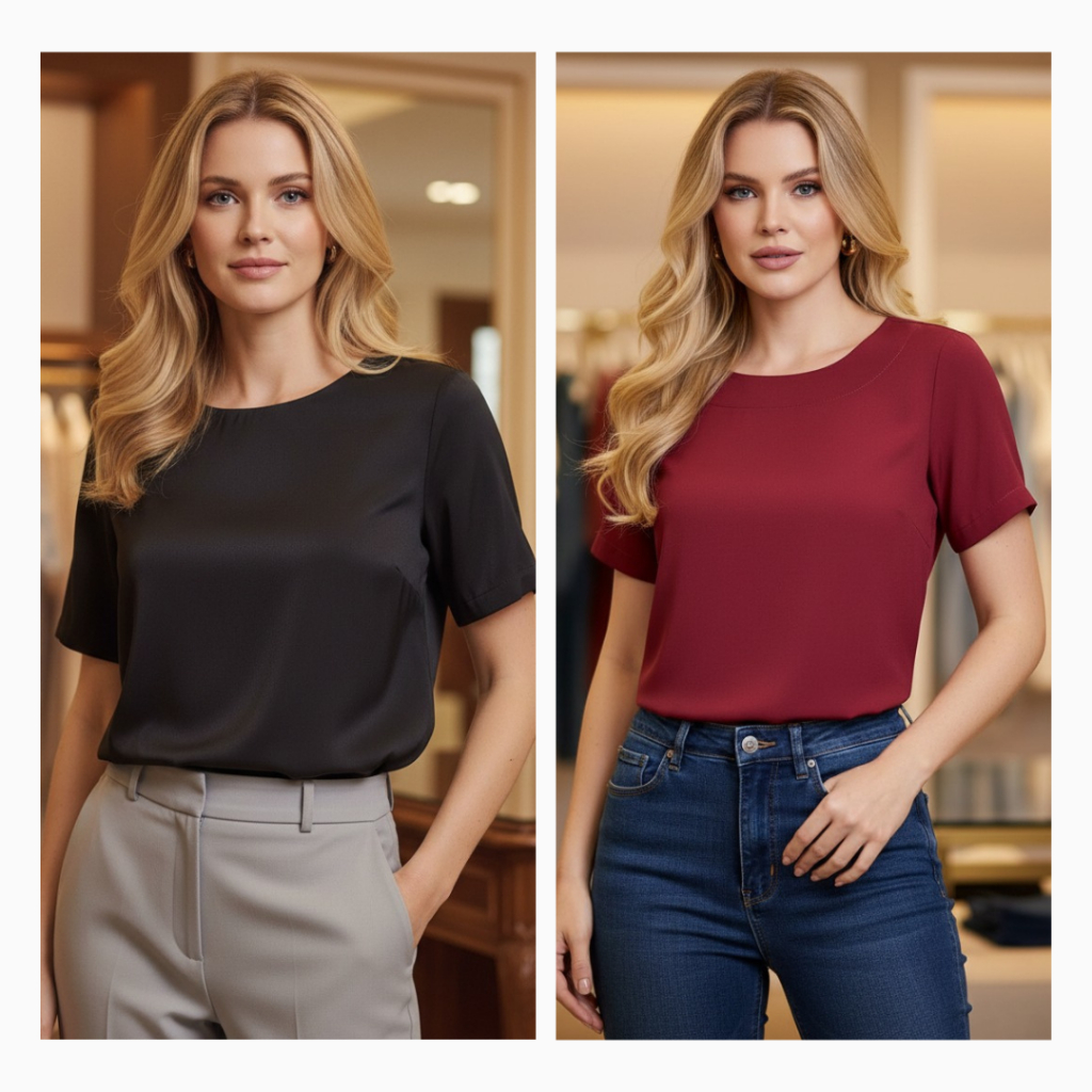 KIT 2 Blusas Feminina de Manga Curta Social Elegante no Tecido Crepinho Gola Canoa Com Botão