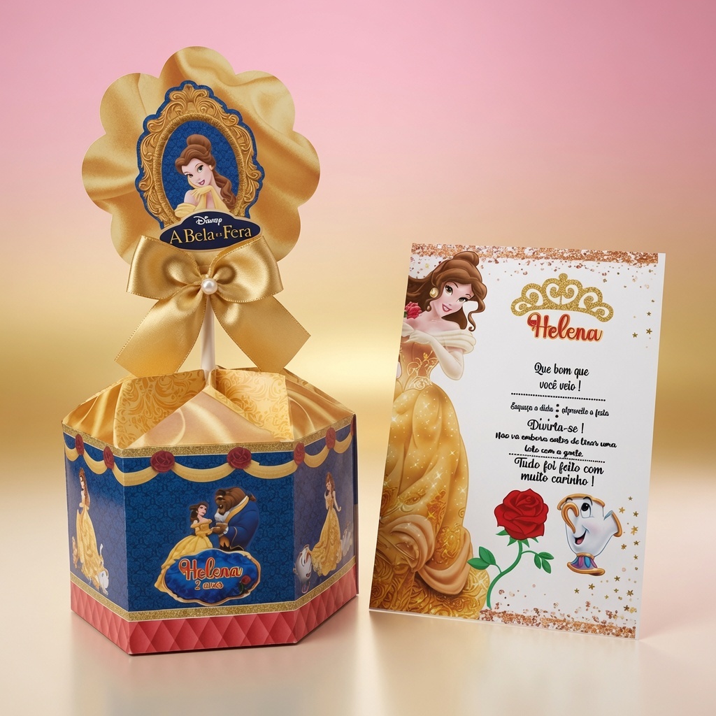 Centro de Mesa Bela e a Fera+ Plaquinha Cachepô Personalizado/Festa/Aniversário/Enfeite/Arranjo/Infantil/Lembrancinha