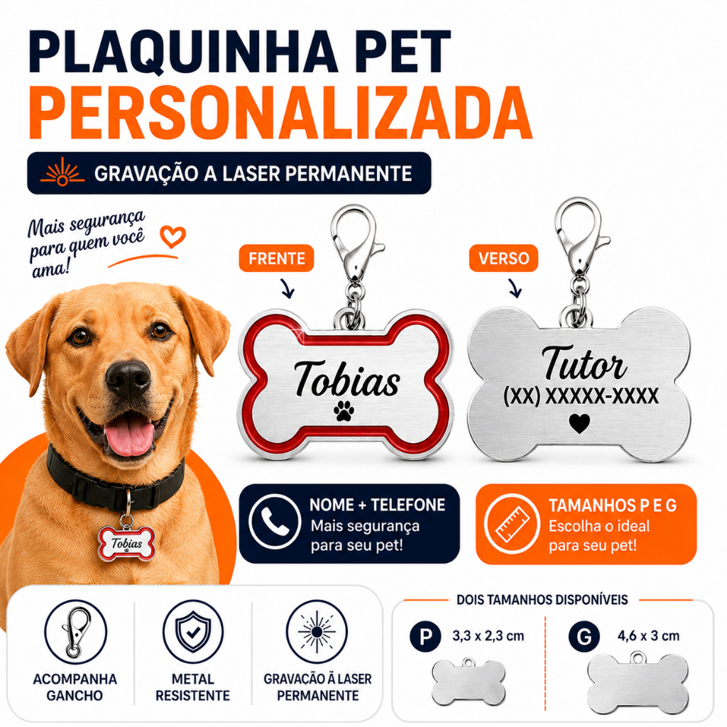 Plaquinha Pet Pingente Personalizado Laser Nome Telefone Tutor Gravação Frente e Verso Pingente Identificação Pet
