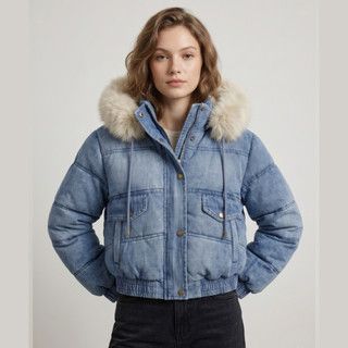 Casaco Jeans Capuz Inverno Cropped Puffer Forrada Acolchoada Corta Vento Quentinha Peluciada
