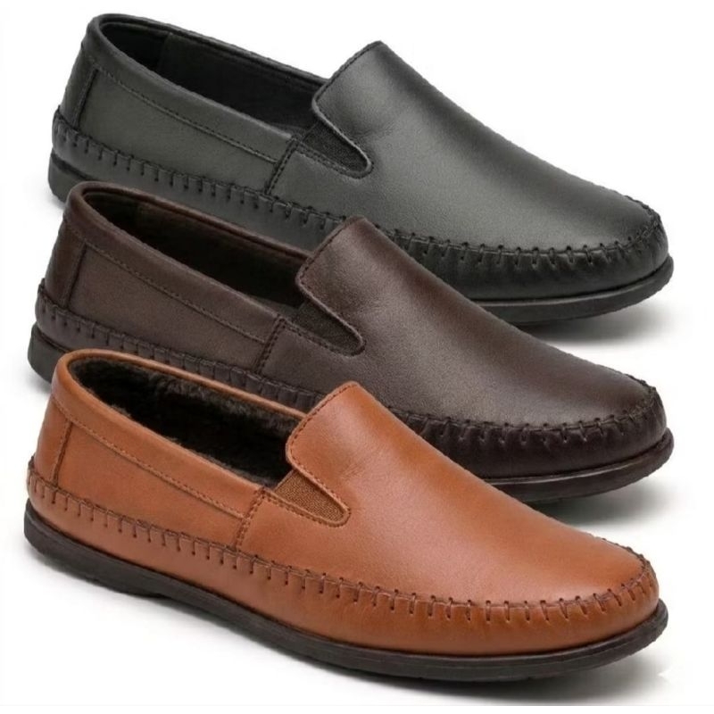 KIT 3 PARES-Mocassim Masculino de Couro Ecológico Confortável – Sapato Casual Elegante, Leve e Antiderrapante