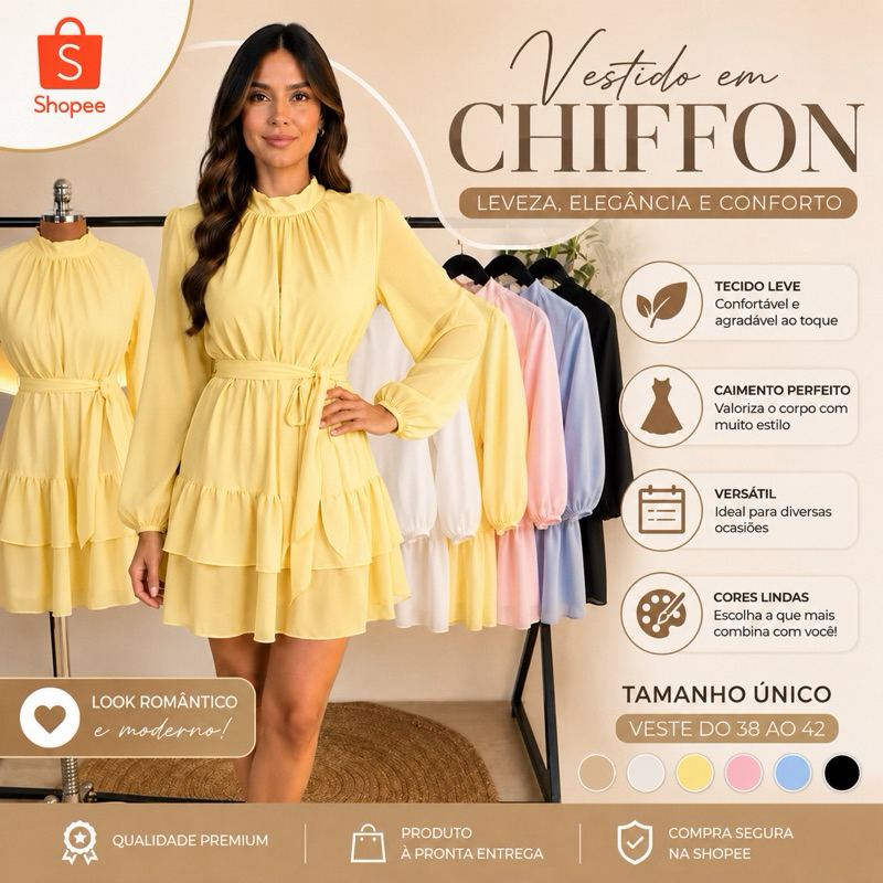Vestido Feminino Chiffon Manga Longa Elegante Curto Soltinho Moda Blogueira Festa Casual Tendência 2026