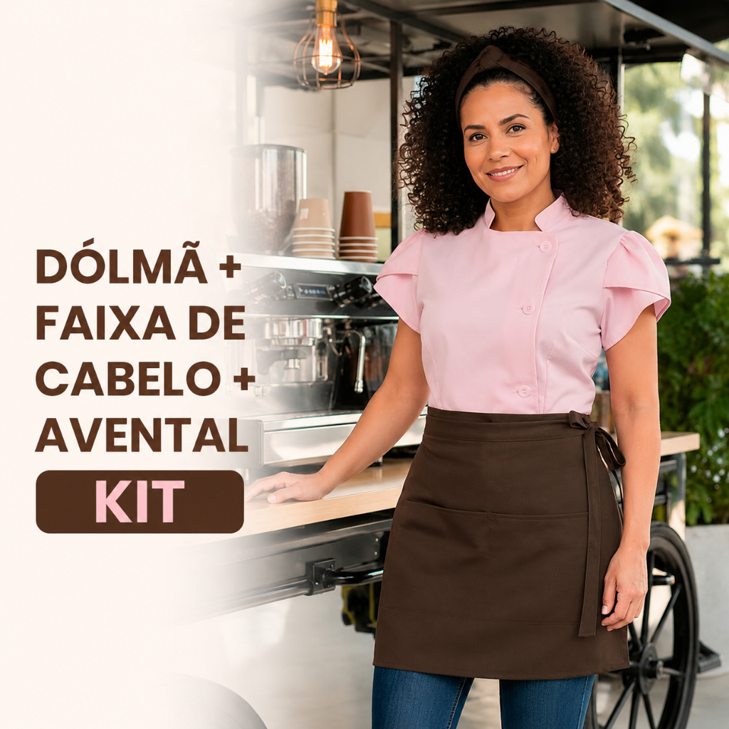 Dolma Chef de Cozinha Confeitaria Feminina GABARDINE com Avental Uniforme Confeitaria