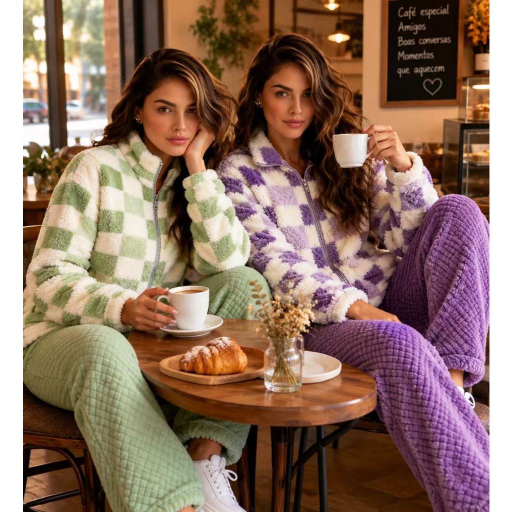 Conjunto de Pijama Feminino Frio Algodão Xadrez Blusa De Zíper E Calça