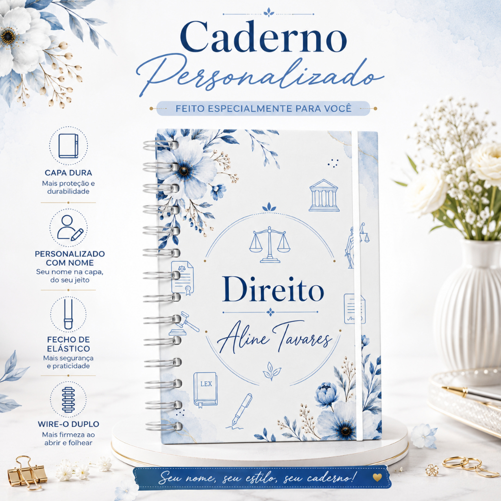 Caderno Personalizado Direito Floral Azul com Nome Capa Dura 22x16cm Premium 120 Folhas