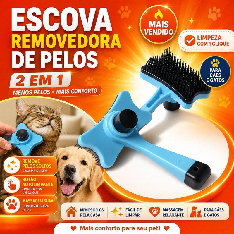Escova Removedora de Pelos com Botão 2 em 1 para Cães e Gatos Auto Limpeza Fácil