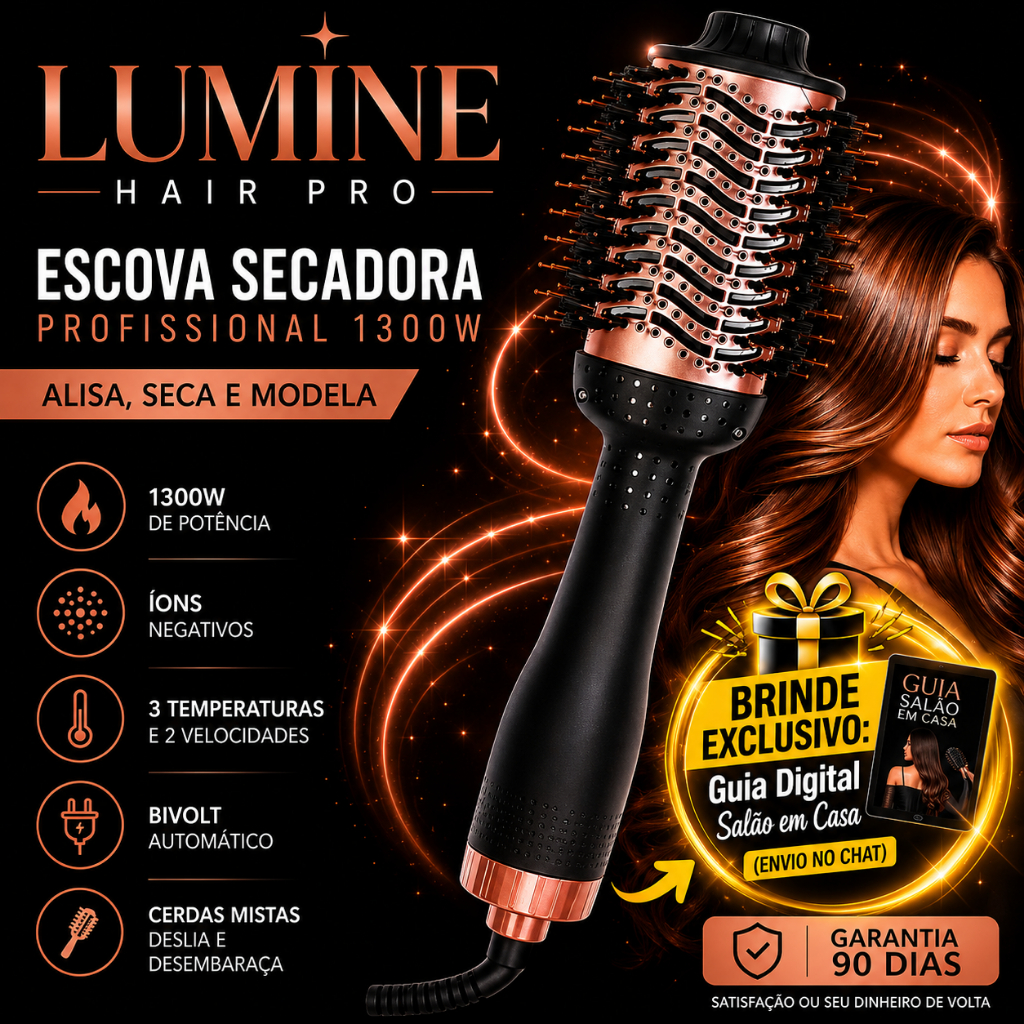 Escova Secadora Oval 3 em 1 1300W Bivolt Alisadora Modeladora Profissional Anti Frizz Íons Negativos