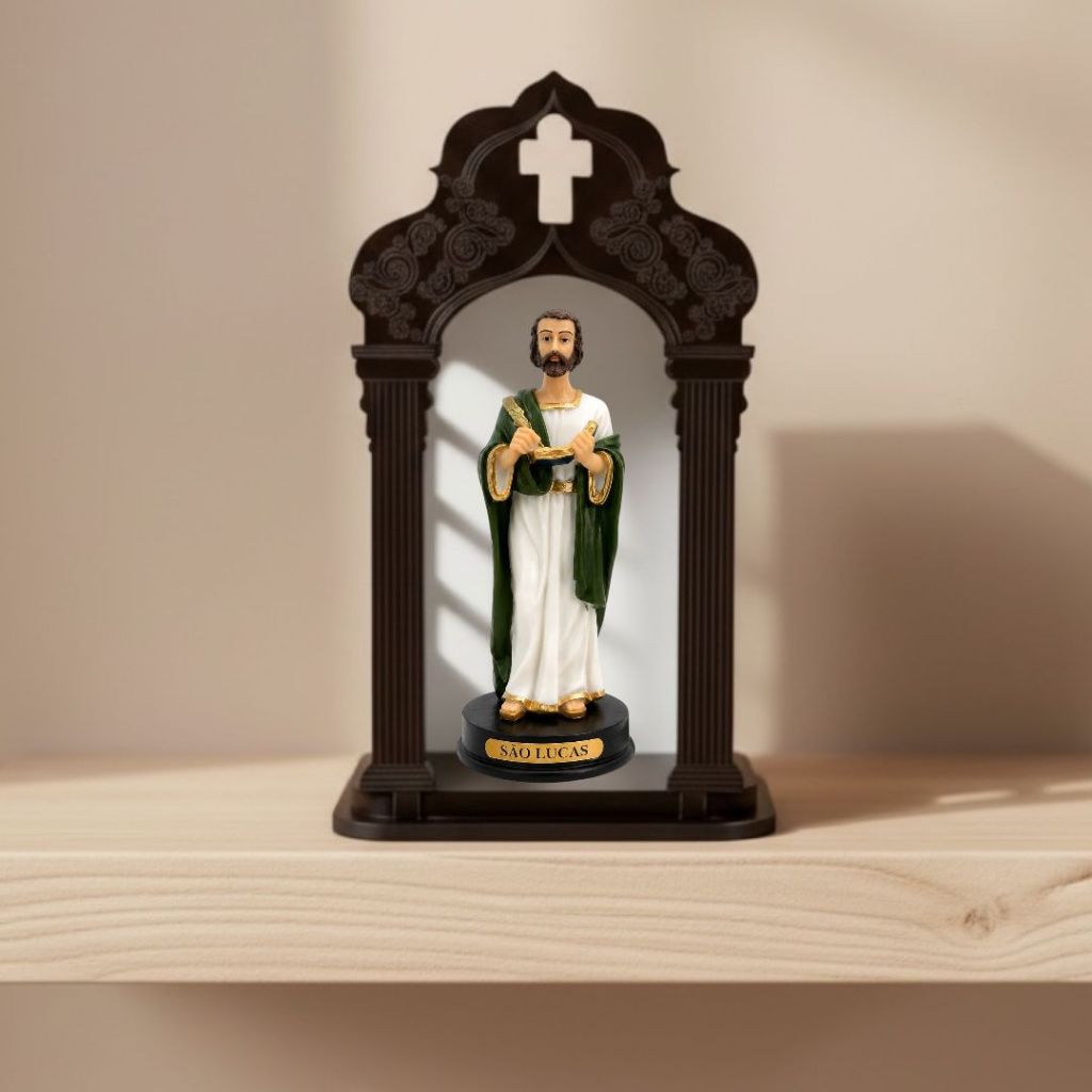 Imagem São Lucas Resina 15cm com Capela Oratório Madeira Mdf