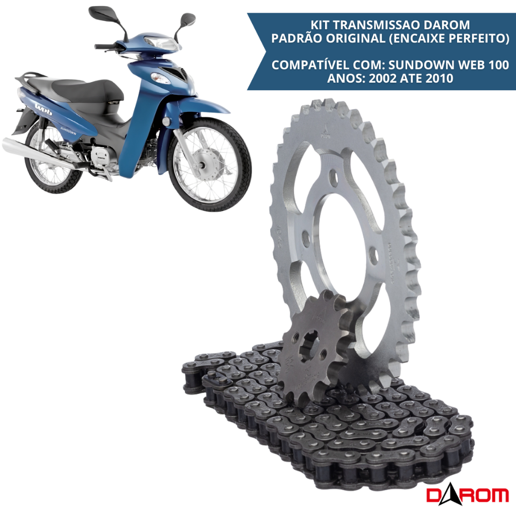 Kit Transmissão Completo Sundown Web 100 Phoenix 50 Jet 50 Corrente Coroa Pinhão Relação Moto Alta Qualidade Darom