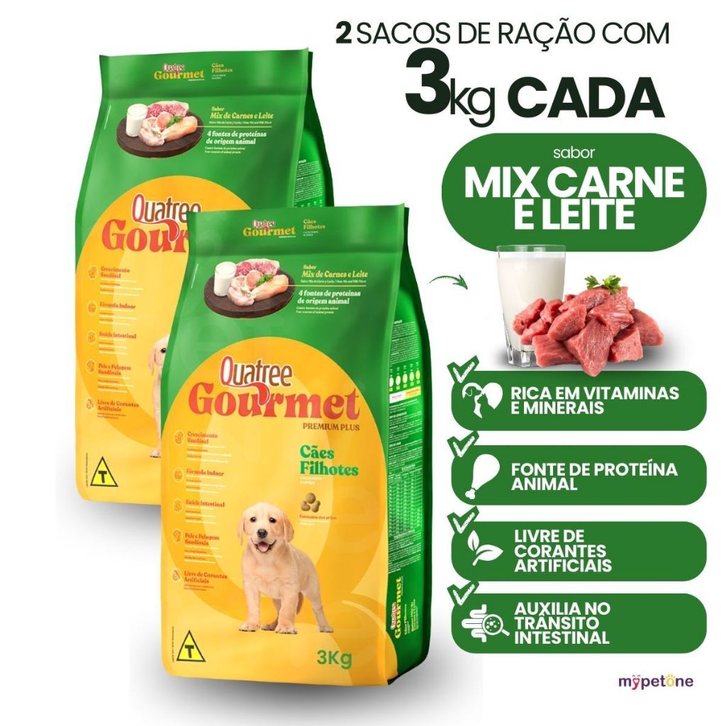 2 Ração Quatree Gourmet Cães Filhotes Mix Carnes e Leite - 3Kg