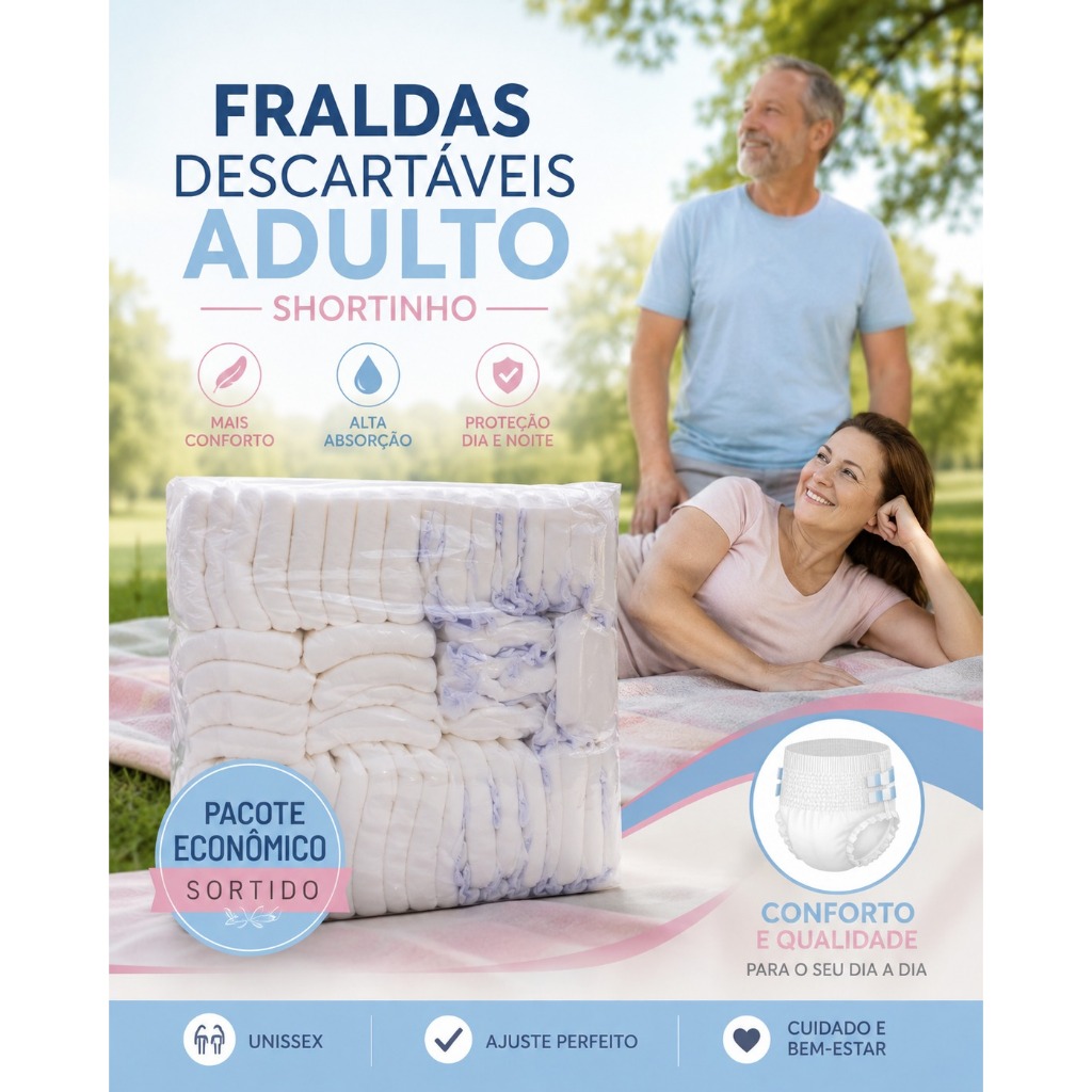 Fralda Geriátrica Descartável MODELO SHORTINHO Pacotão SUPER Econômico - Fraldas 100% Premium - Qualidade e Preço Justo