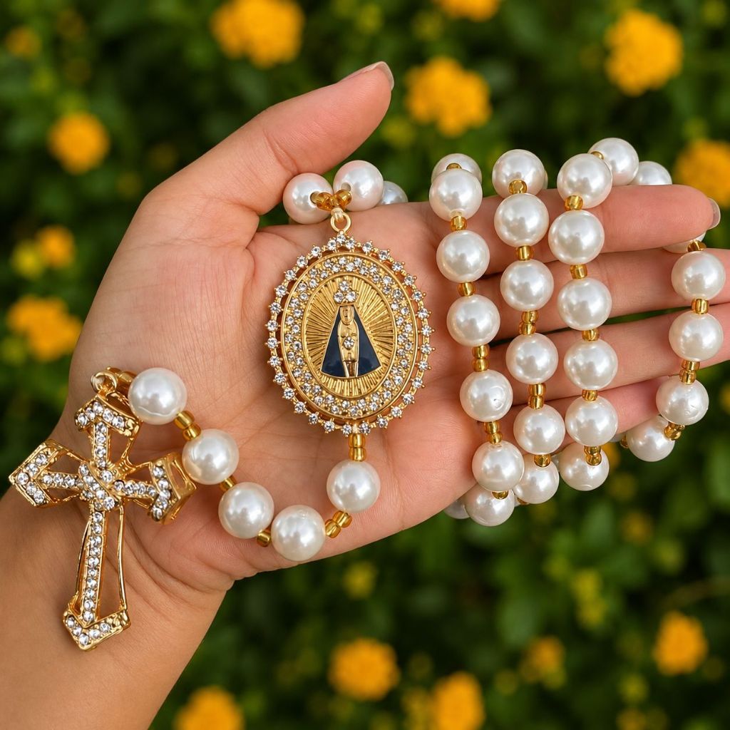 Terço Noiva Pérola  60 cm com Strass de Luxo Contas 12mm- PROMOÇÃO