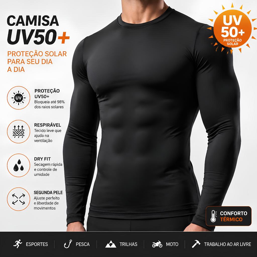 Camisa Térmica Proteção UV50+ Segunda Pele Dry Fit Academia Manga Longa Masculina