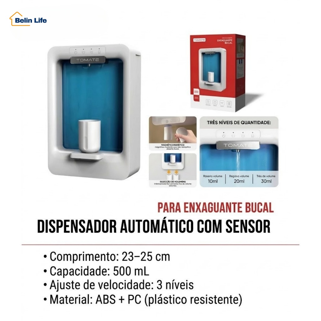Dispenser Automático Enxaguante Bucal com Sensor e Copo Magnético 500ml Tomate MTC-001