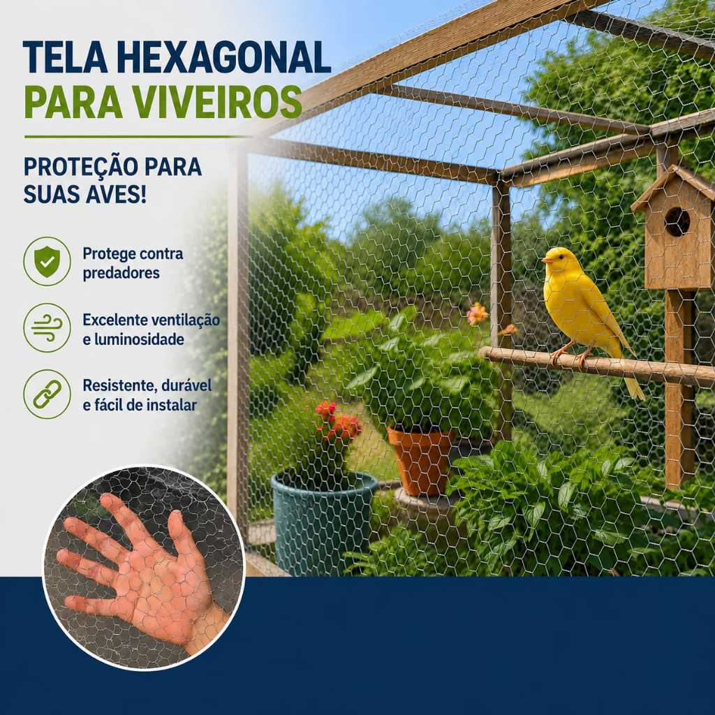 Tela metálica hexagonal, viveiro, pinteiro, pássaros, calopsita malha 1/2" fio 26 BWG 60cm e 1m de altura