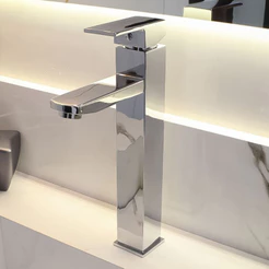 Torneira Monocomando Banheiro Alta Cromada Metal Misturador Para Pia Cuba Lavabo Quadrada Luxo Slim