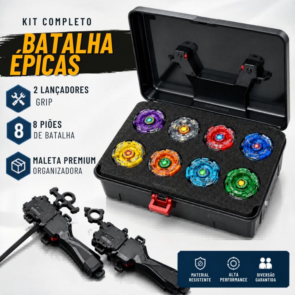 Kit 8 Piões Bayblade Metal Fusion 2 Lançadores com Maleta Rápidos e Acessórios