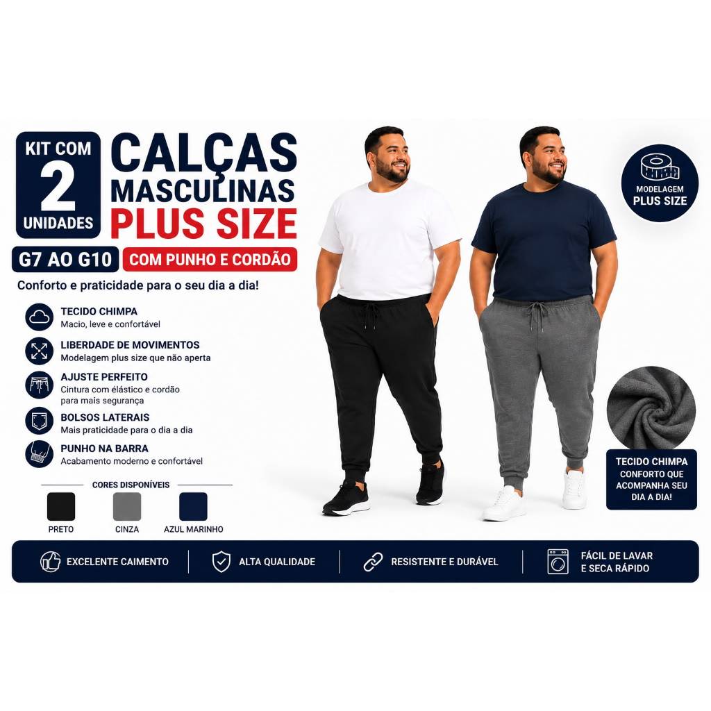 Kit 2 Calças Masculinas Plus Size Com Bolso e Cordão