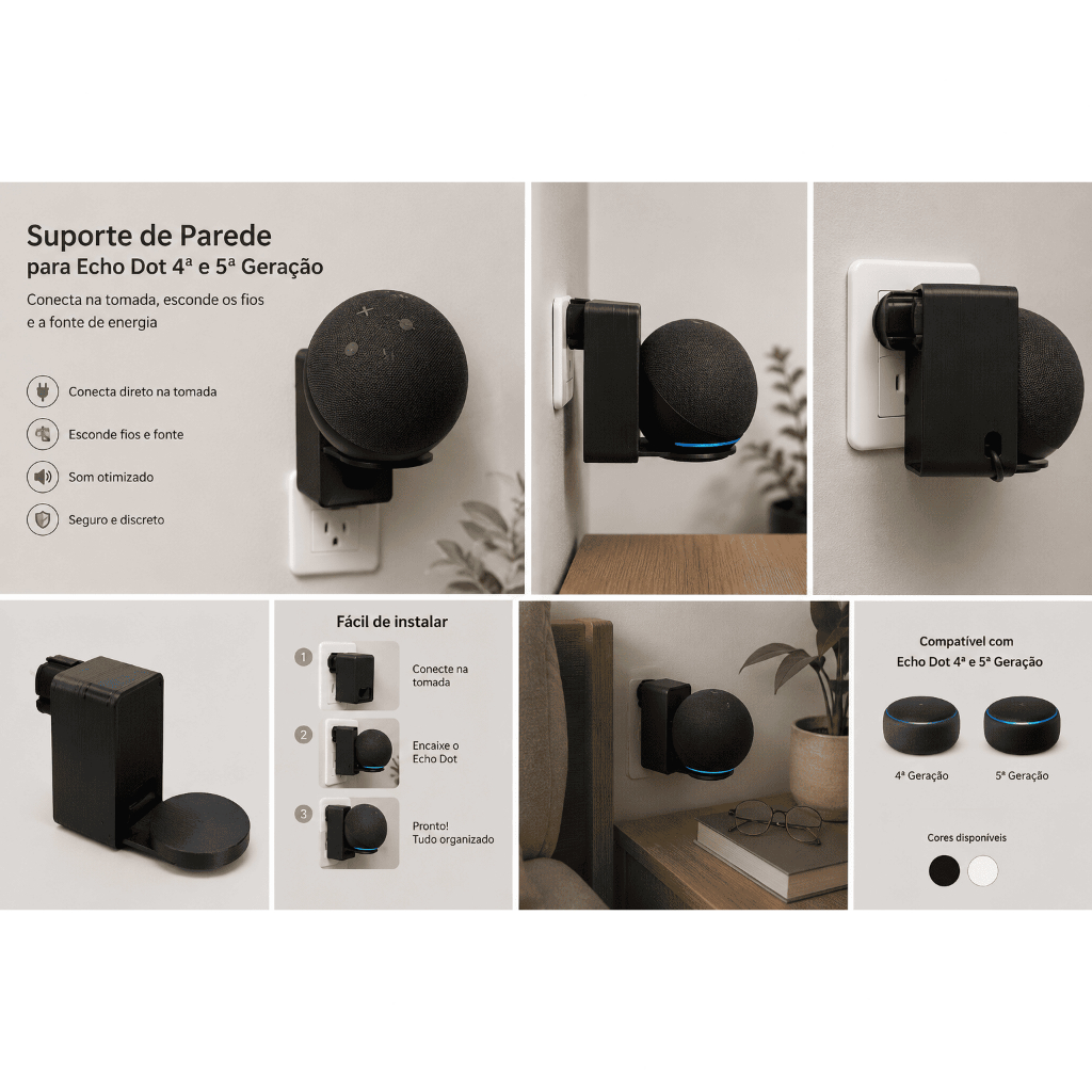 Suporte de Parede Alexa Sem Necessidade de Furar Parede Minimalista Esconde Fios e Fonte
