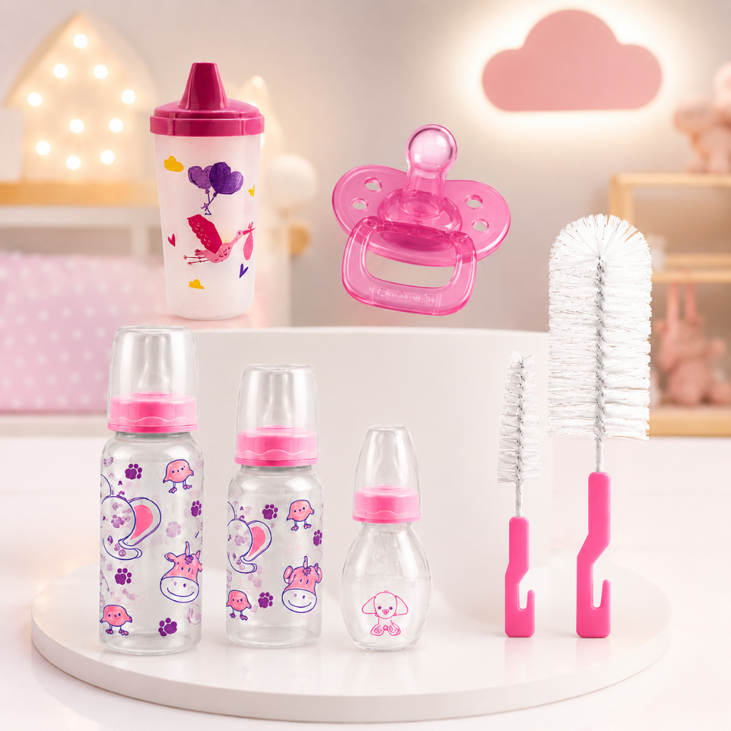 Kit Bebê 7 Peças Mamadeira 240ml 150ml 80ml Copo Antirrefluxo Chupeta Ortodôntica Escova Limpeza