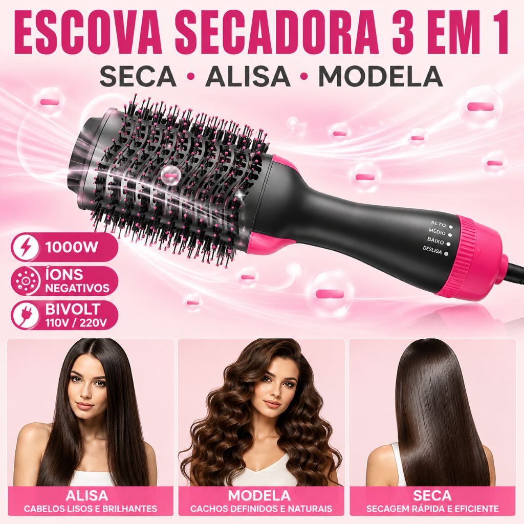 Escova Secadora 3 Em 1 220V Alisadora Modeladora Profissional 1000W Íons Negativos