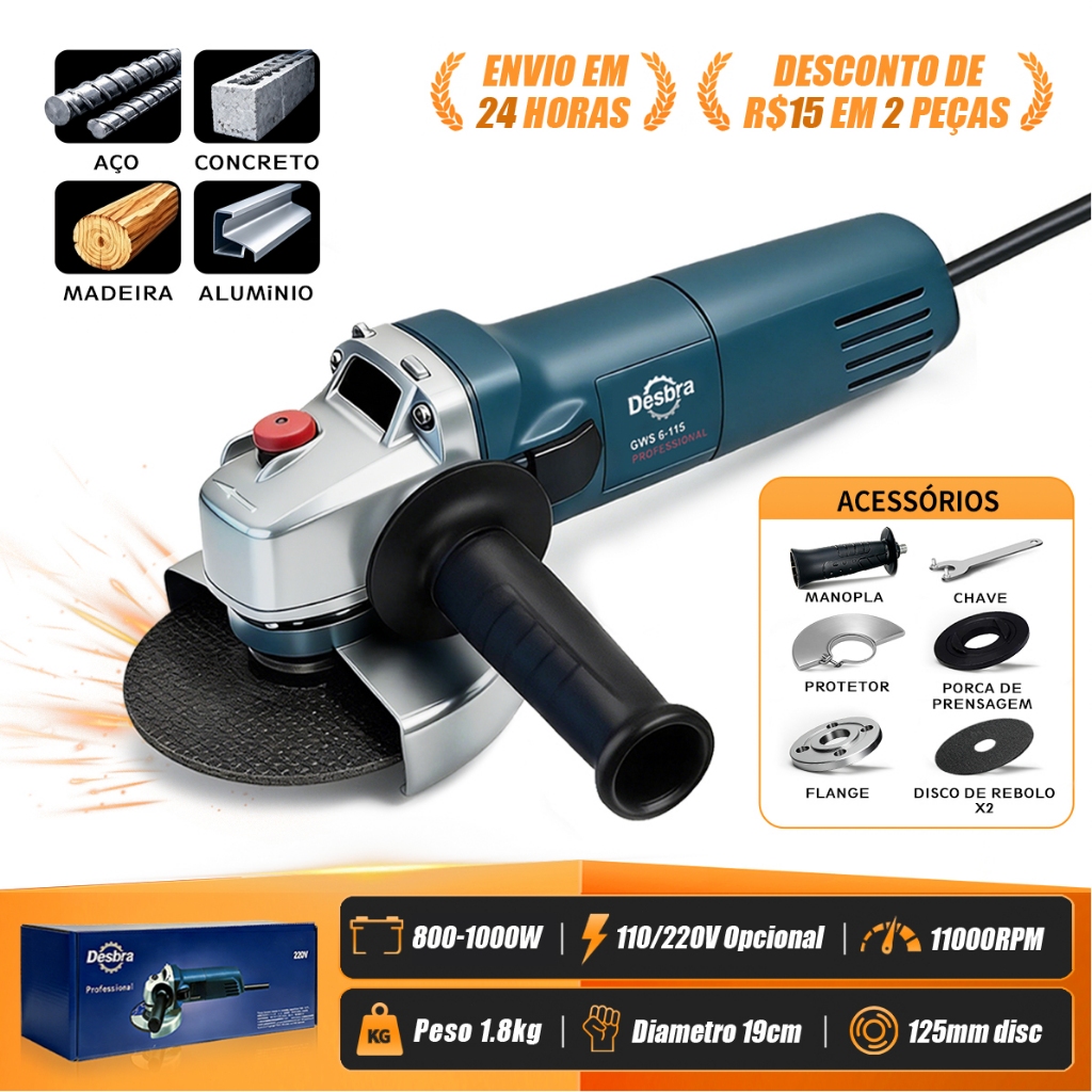 Esmerilhadeira Portátil Angular Profissional Kit Completo Bivolt 11000RPM 110V/220V Multifunção Cortar Lixar Polir