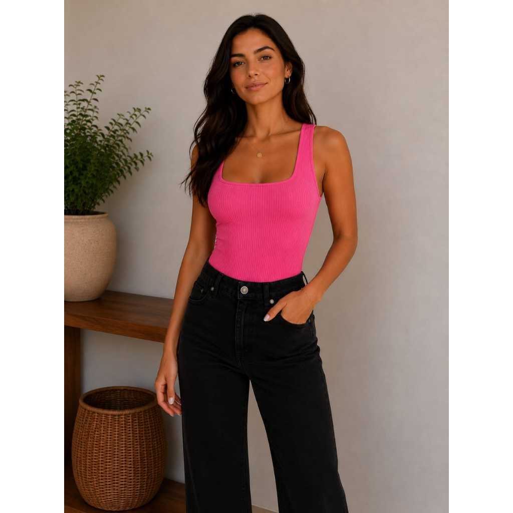 Body Feminino Decote Quadrado Básico Elegante para Looks Modernos Canelado Premium Com Forro