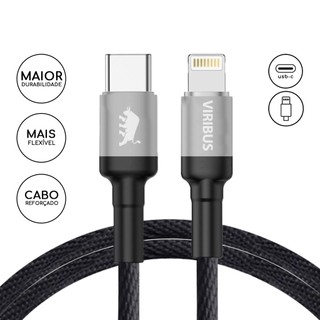 Cabo PD Premium Ultra Reforçado em Nylon de 1,5m Viribus Tipo C para Lightning 5V/2.4A - Preto
