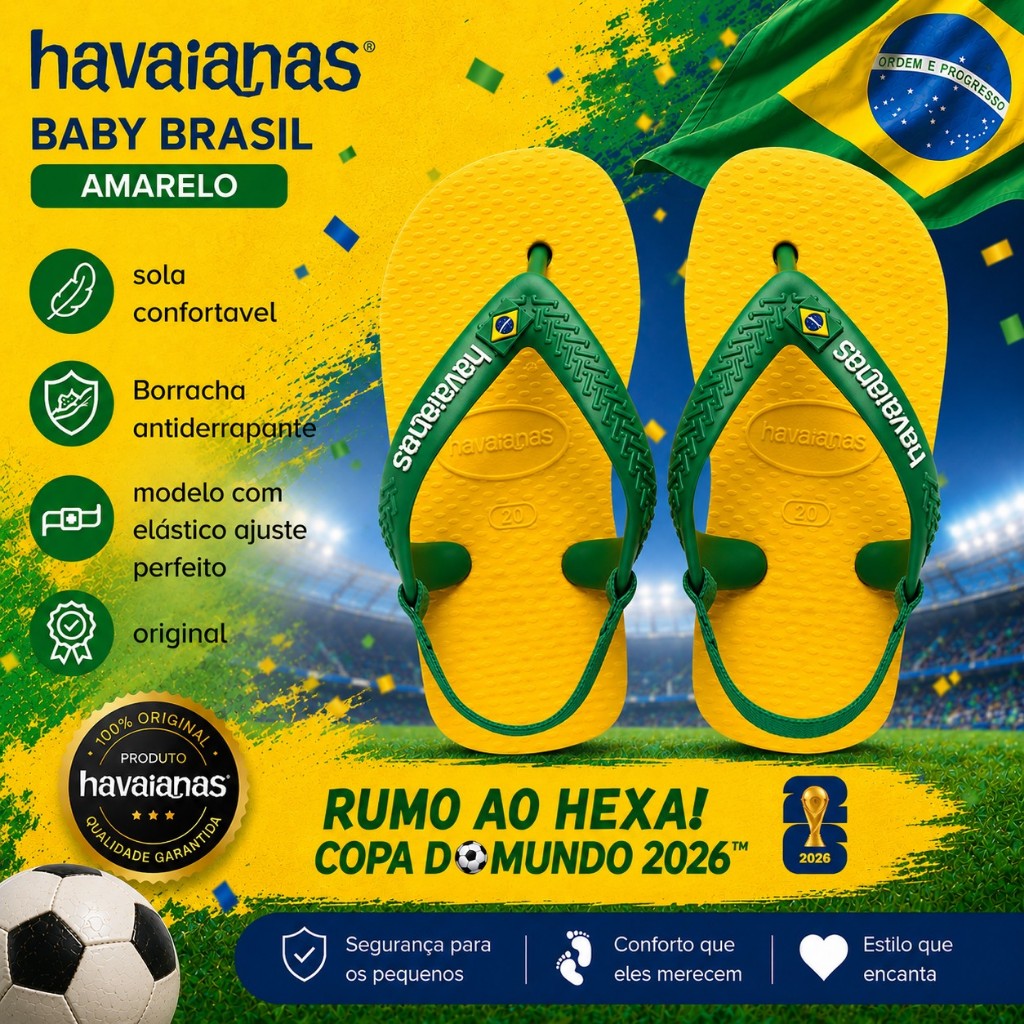 Chinelo Havaianas Baby Brasil Verde e Amarelo Infantil Com Elástico Bandeira Sandália de Dedo Menino