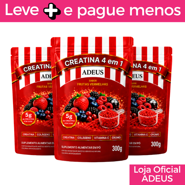 Kit 3 unidades - Creatina 4 em 1 da Marca ADEUS — Frutas Vermelhas 300g | Creatina + Colágeno + Vitamina C + Cromo